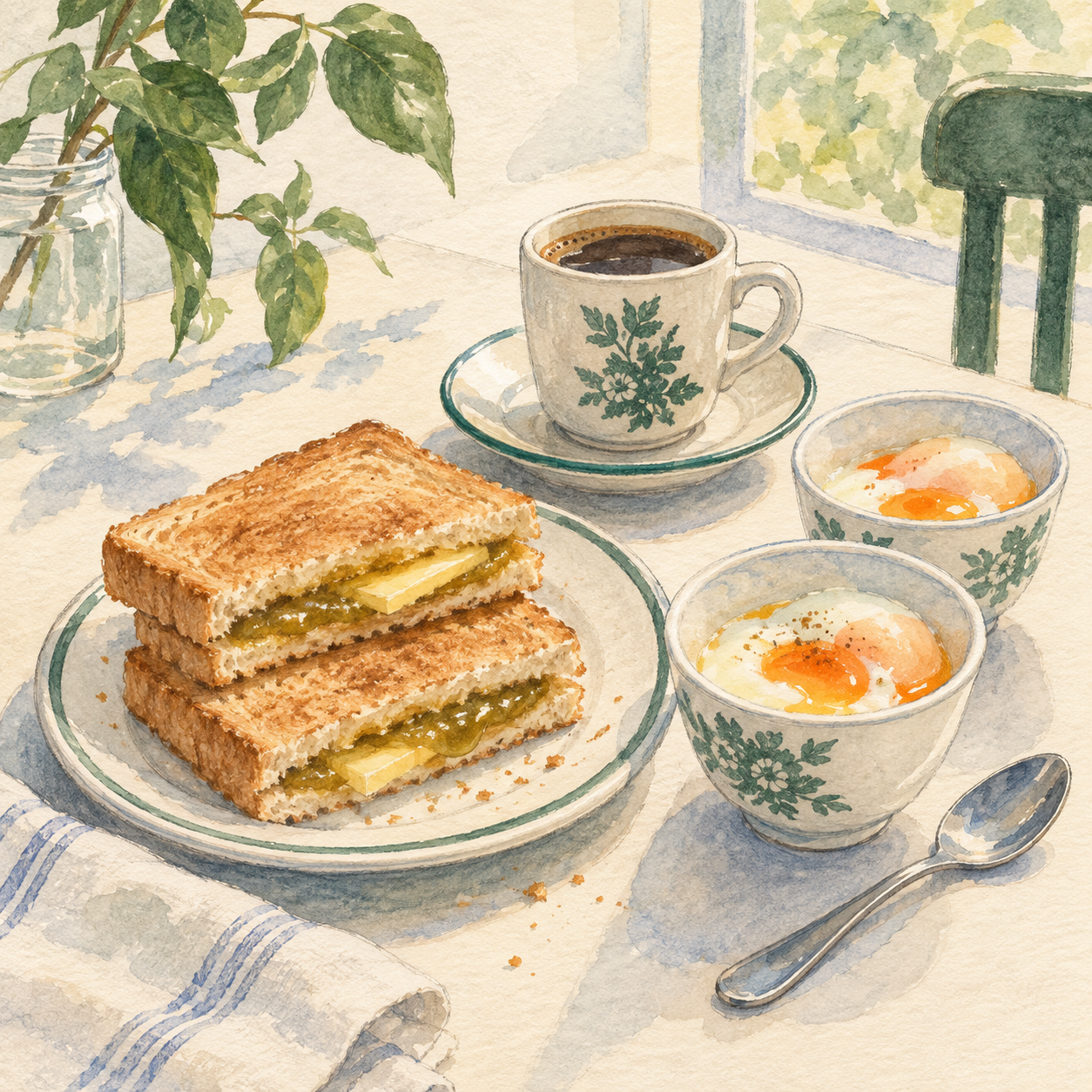 Kaya Toast & Eggs — AI travel illustration