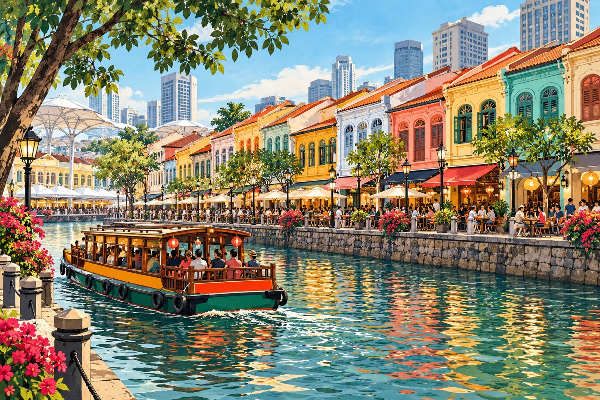 Singapore River & Clarke Quay — AI travel illustration