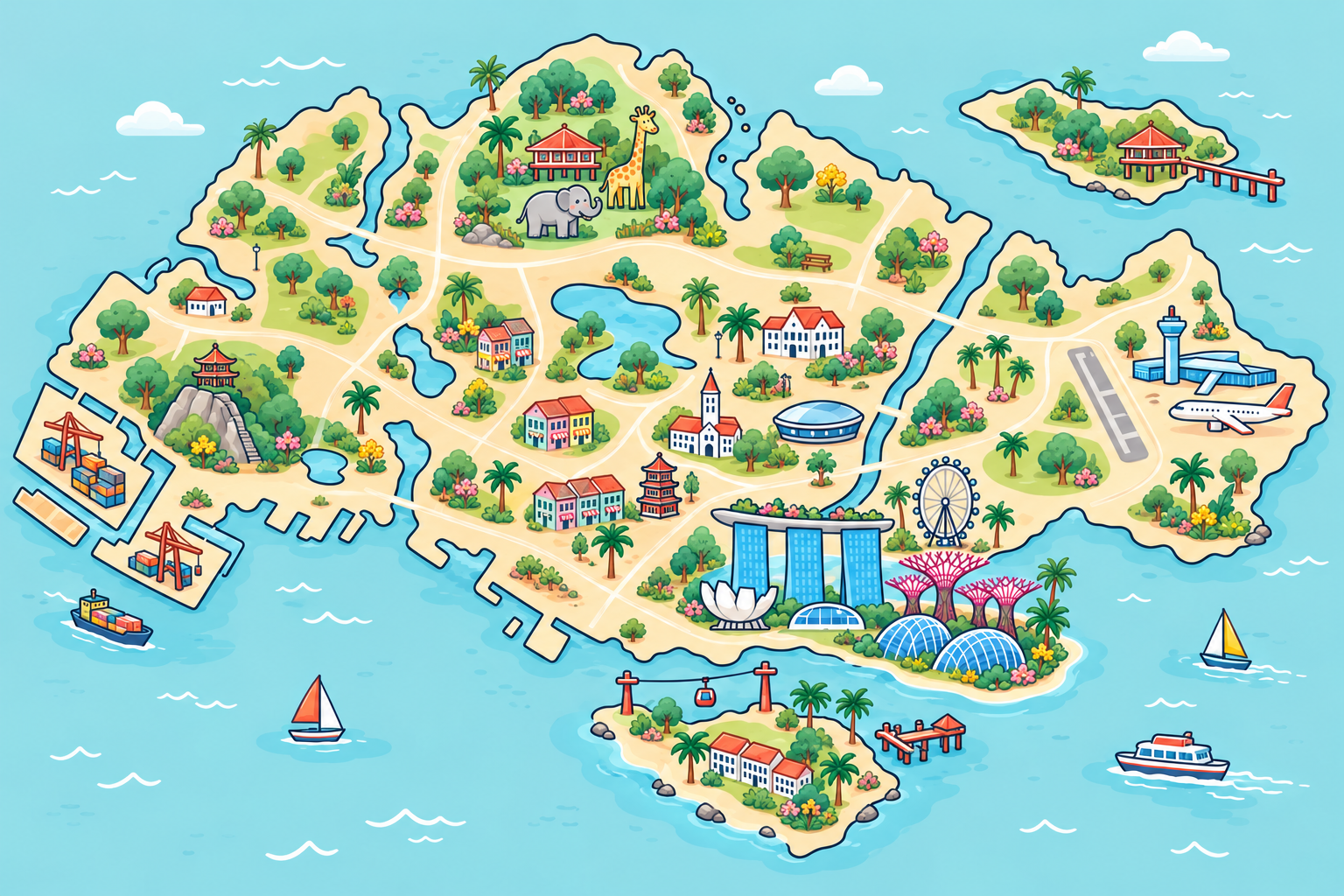 Illustrated overview of Singapore, Sentosa and Pulau Ubin