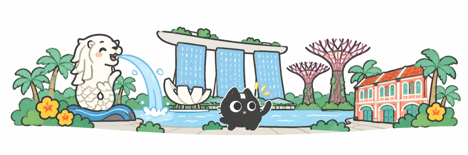 Original kawaii Singapore illustration: the Merlion, Marina Bay, shophouses and a travelling black cat